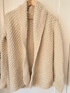 Handknit Wool Cream Sweater Chunky Shawl Cardigan Cottagecore Cabincore Crochet